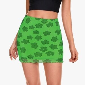 Bodycon Skirt Floral Mesh Overlay Mini Green Small